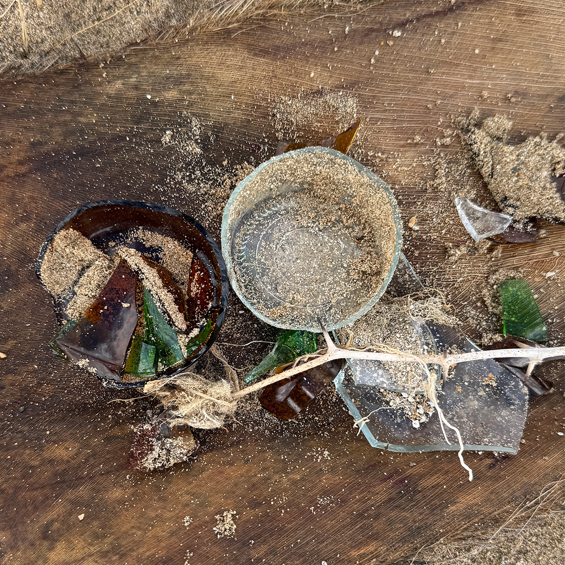 ビーチにガラスの破片が。